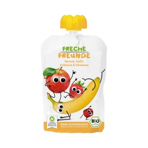 20934MUS BANAN - JABŁKO - TRUSKAWKA - MALINA BEZ DODATKU CUKRÓW BEZGLUTENOWY OD 6 MIESIĄCA BIO 100 g - FRECHE FREUNDE-1