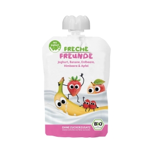 32010JOGURT W TUBCE BANAN - TRUSKAWKA - MALINA - JABŁKO BEZ DODATKU CUKRÓW BEZGLUTENOWY OD 10 MIESIĄCA BIO 100 g - FRECHE FREUNDE-1