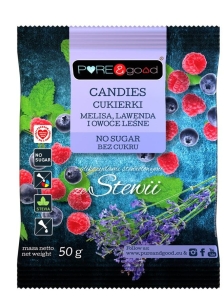 36975CUKIERKI Z MELISĄ, LAWENDĄ I OWOCAMI LEŚNYMI ZE STEWIĄ BEZ CUKRU 50 g - PURE&GOOD-1