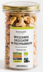 45258MIX ORZECHÓW W PRZYPRAWACH FAIR TRADE BEZGLUTENOWE BIO 250 g - BIOSSOM-1