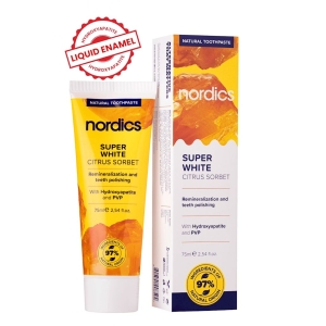 46475PASTA DO ZĘBÓW REMINERALIZUJĄCA SUPER WHITE Z PŁYNNYM SZKLIWEM BEZ FLUORU 75 ml - NORDICS-1