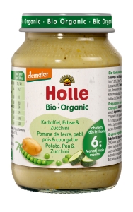 47936ZIEMNIAK - GROSZEK - CUKINIA BEZ DODATKU CUKRÓW BEZGLUTENOWE OD 6 MIESIĄCA DEMETER BIO 190 g (SŁOIK) - HOLLE-1