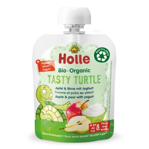 47950MUS SMACZNY ŻÓŁWIK (JABŁKO - GRUSZKA - JOGURT) BEZ DODATKU CUKRÓW OD 8 MIESIĄCA BIO 85 g - HOLLE-1