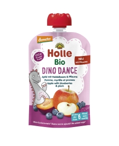 47952MUS TAŃCZĄCY DINOZAUR (JABŁKO - BORÓWKA - ŚLIWKA) BEZ DODATKU CUKRÓW BEZGLUTENOWY OD 6 MIESIĄCA DEMETER BIO 100 g - HOLLE-1
