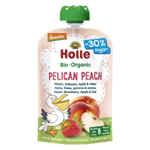 47955MUS BRZOSKWINIOWY PELIKAN (BRZOSKWINIA - TRUSKAWKA - JABŁKO - OWIES) BEZ DODATKU CUKRÓW BEZGLUTENOWY OD 6 MIESIĄCA DEMETER BIO 100 g - HOLLE-1