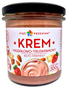 48111KREM MIGDAŁOWO - CZEKOLADOWO - TRUSKAWKOWY BEZ DODATKU CUKRÓW BEZGLUTENOWY KETO 300 g - PIĘĆ PRZEMIAN-1
