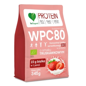 49017BIAŁKO SERWATKOWE O SMAKU TRUSKAWKOWYM (KONCENTRAT WPC 80) BEZ DODATKU CUKRÓW BIO 345 g - BE ORGANIC-1