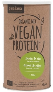 9602IZOLAT BIAŁKA GROCHU I RYŻU O SMAKU BANANA I WANILII BEZGLUTENOWY BIO 400 g - PURASANA-1