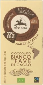8785CZEKOLADA BIAŁA Z KAWAŁKAMI KAKAO FAIR TRADE BIO 100 g - ALCE NERO-1